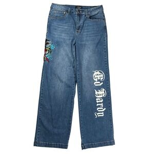 Ed Hardy Jeans Women 28 Blue Wide Leg Embroidered Tattoo Graphic Eagle Heart